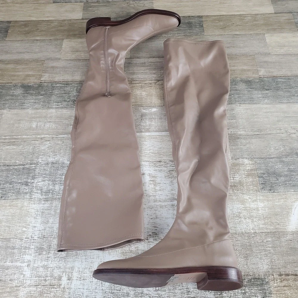 Schutz Kaolin Womens Over-The-Knee Boots Sz 7 B Taupe Leather Side Zip Round Toe
